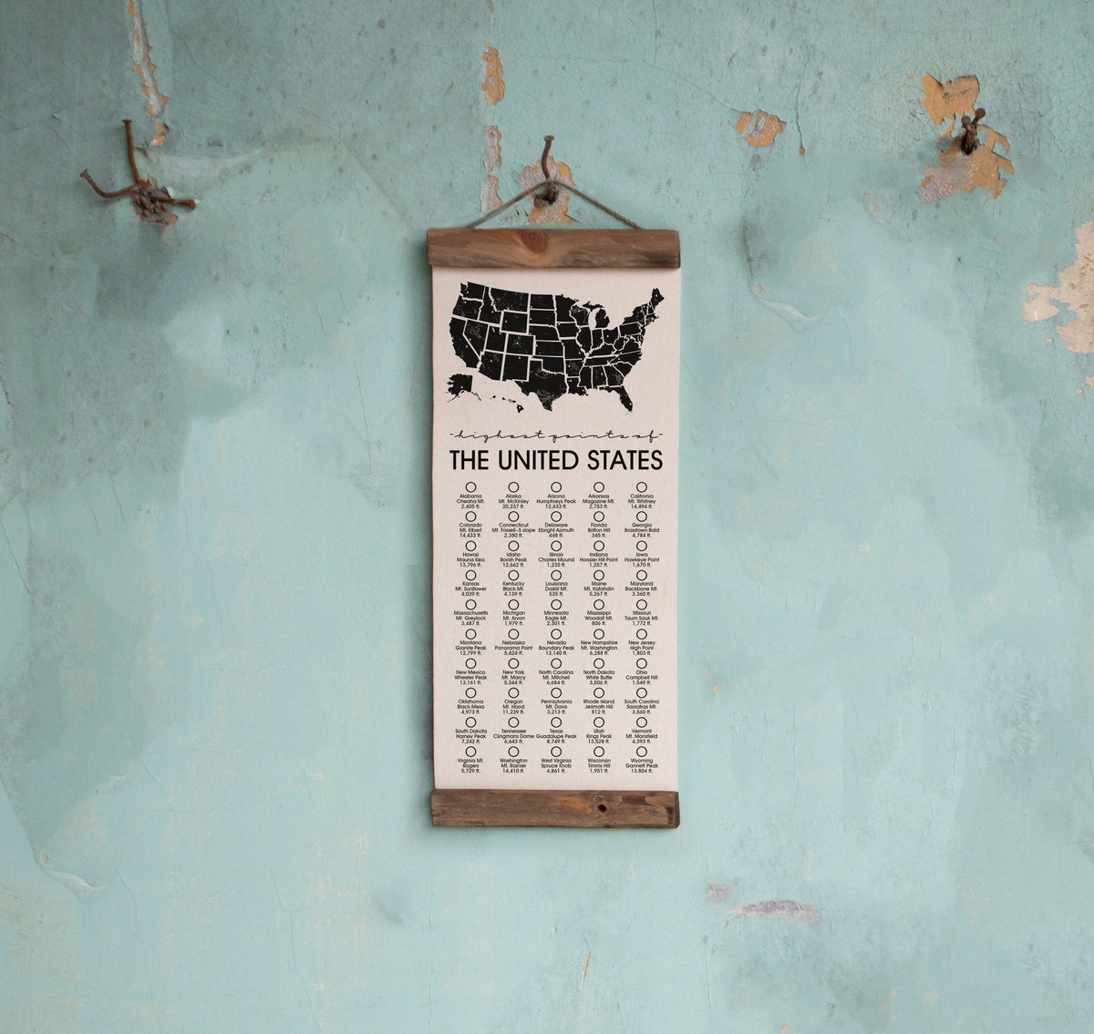 Highest Point in 50 States of America - Hanging Canvas Map
